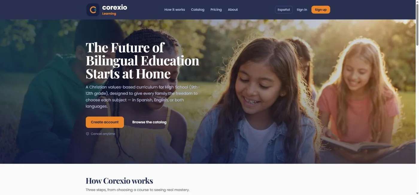 Corexio Learning homepage: a bilingual high-school curriculum with sign-up and pricing