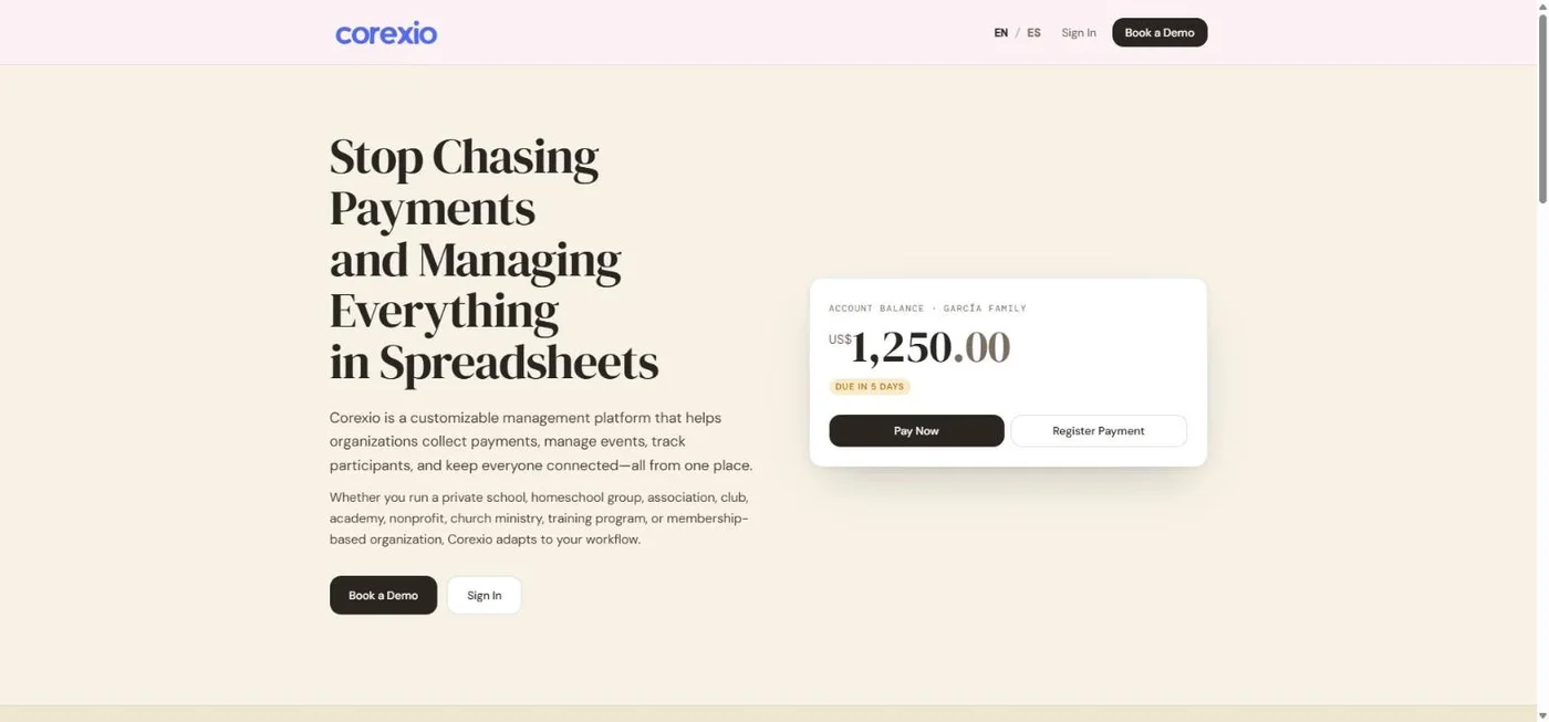 Corexio portal homepage, showing a family account balance and a Pay Now action