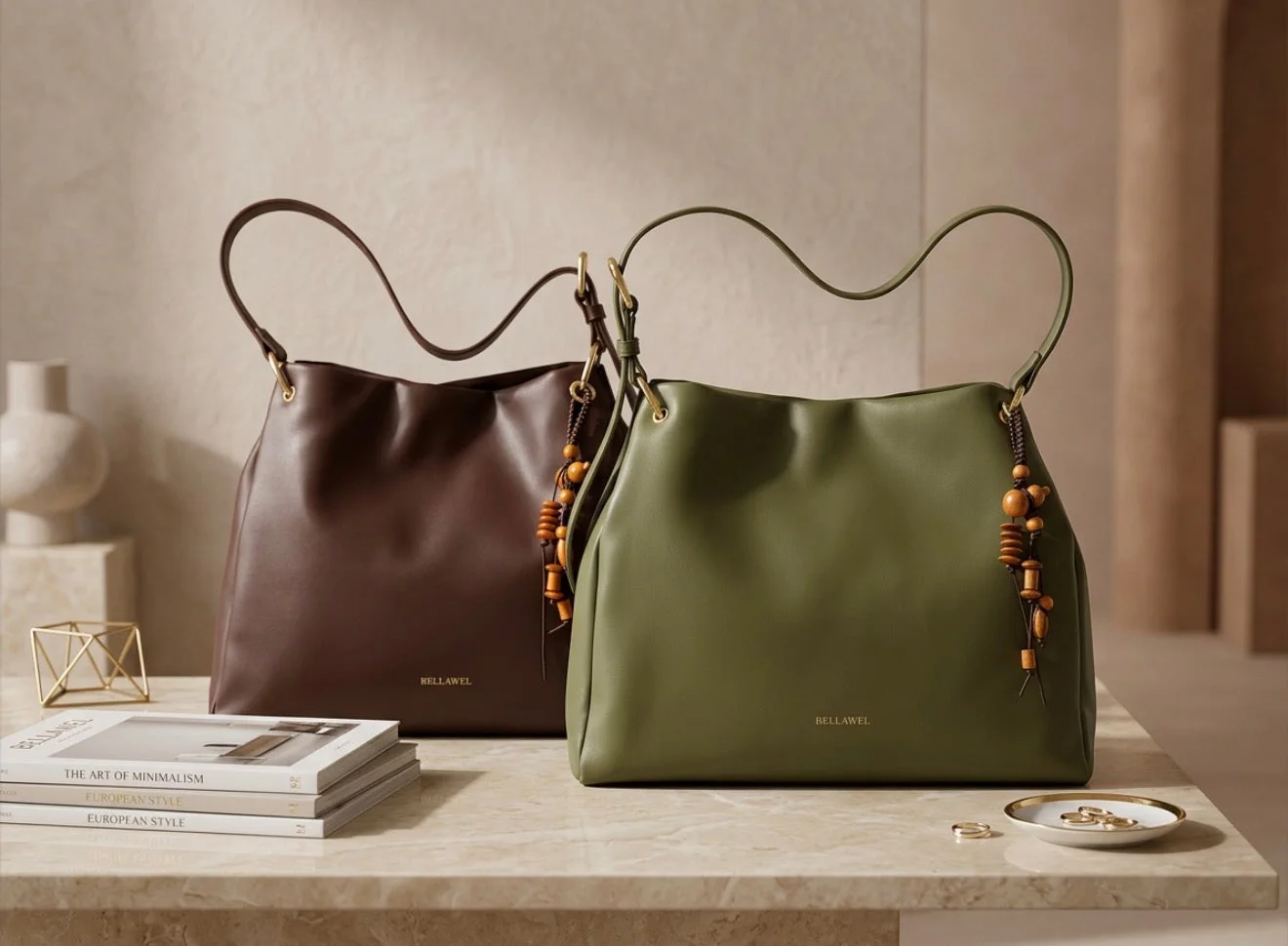 Two Bellawel leather handbags styled on marble with books and gold objects