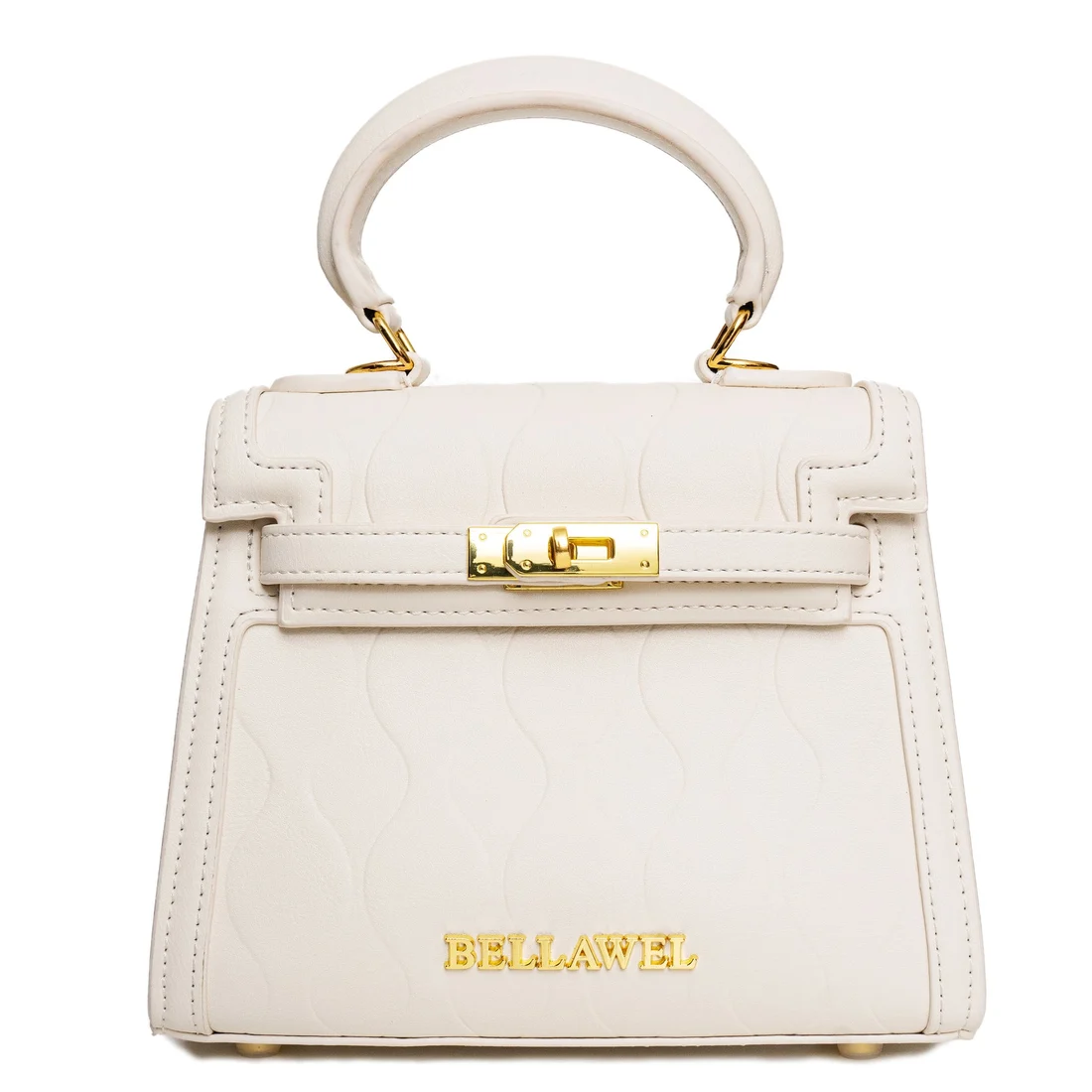 Cream top-handle handbag with gold hardware and embossed Bellawel logo